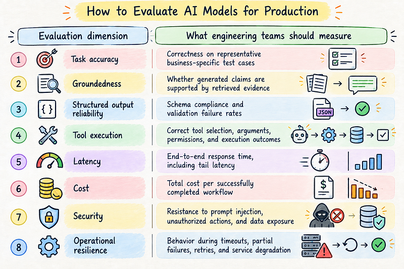 Framework for evaluating AI models for production across task accuracy, groundedness, structured output reliability, tool execution, latency, cost, security, and operational resilience.