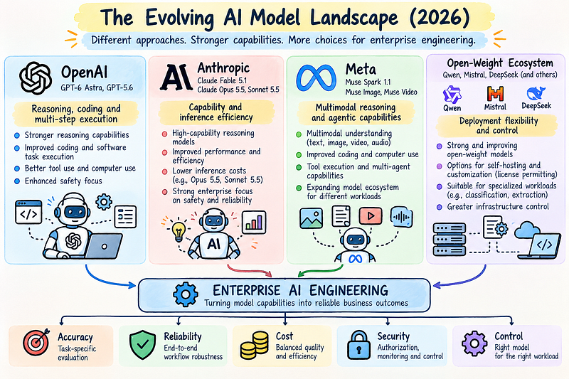 AI model landscape comparing OpenAI, Anthropic, Meta, and open-weight ecosystems and their capabilities for enterprise AI engineering.